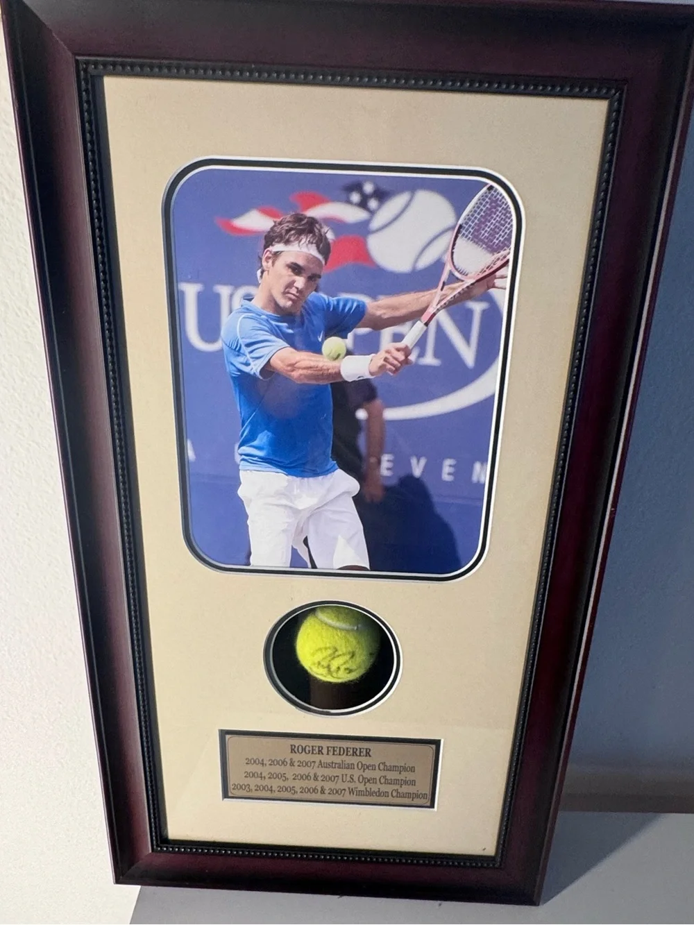 Roger Federer Signed Tennis Ball Framed US Open Photo Ace COA 14x25